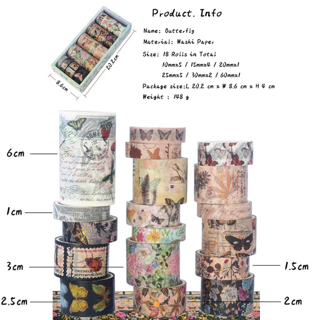 HASTHIP 18 Rolls Vintage Washi Tape, 6 Sizes Floral Butterfly Botanical Flower with Gold and Silver Print Writable Tapes for Scrapbook, Craft, Scrapbooking Supplies HASTHIP 18 Rolls Vintage Washi Tape, 6 Sizes Floral Butterfly Botanical Flower with Gold and Silver Print Writable Tapes for Scrapbook, Craft, Scrapbooking Supplies
